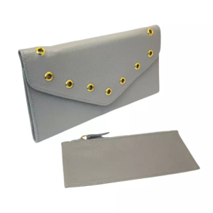 Carteira Feminina Slim + Porta Estojo Couro Legítimo Zíper – Cinza