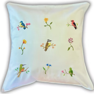 Capa De Almofada Flores e Pássaros – 45×45 Bordado A Mão