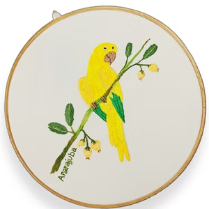 Quadro Bastidor Ararajuba – Tamanho 25 cm bordado à mão